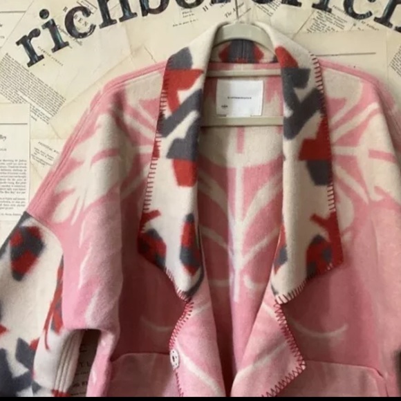 Anthropologie Heidi Kimono Jacket Soft Wool Front Patch Pockets Pink Ivory Motif - Picture 10 of 10